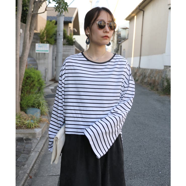 112ホワイトxブラック | ドロップショルダー長袖ボーダーショートカットソー 新作 トップス | and it 