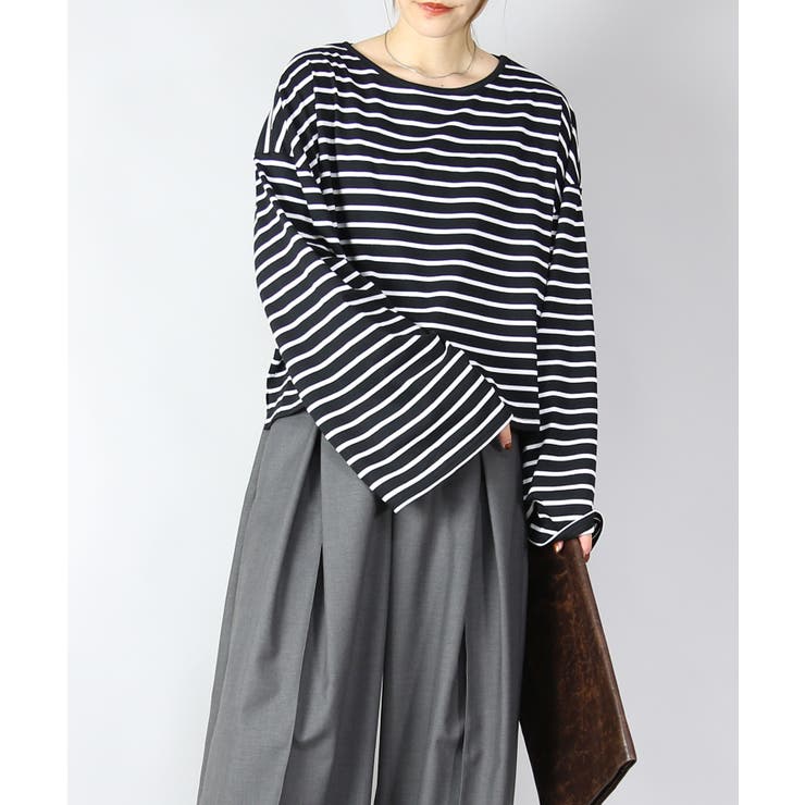 113ブラックxホワイト | ドロップショルダー長袖ボーダーショートカットソー 新作 トップス | and it 