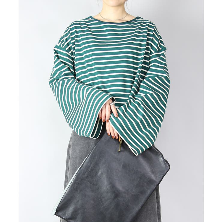 010グリーンxホワイト | ドロップショルダー長袖ボーダーショートカットソー 新作 トップス | and it 
