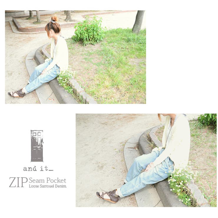 andit_】ZIPシームポケットゆるサルエルデニムパンツ【S】【M】【L