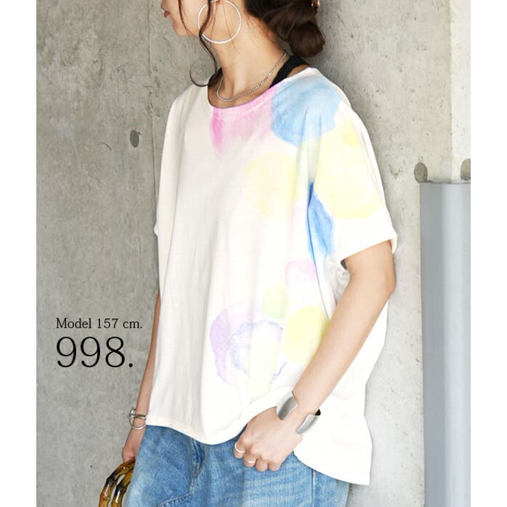 水彩ドロップワイドカットソー(Tシャツ)【M】レディース 水彩 Tシャツ