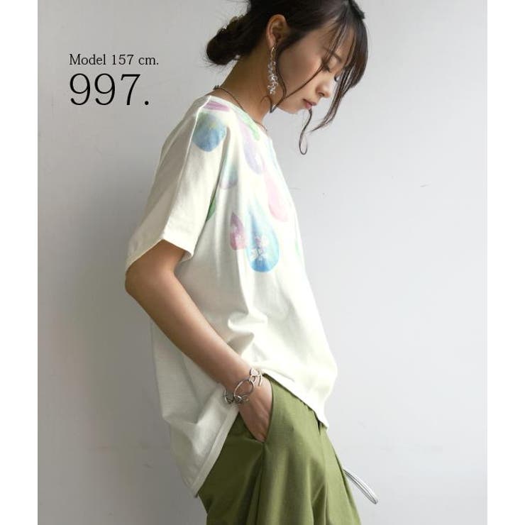 水彩ドロップワイドカットソー(Tシャツ)【M】レディース 水彩 Tシャツ