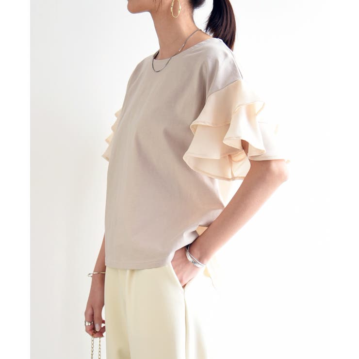 034グレージュ | 異素材切替ティアード袖プルオーバー トップス レディース | and it 