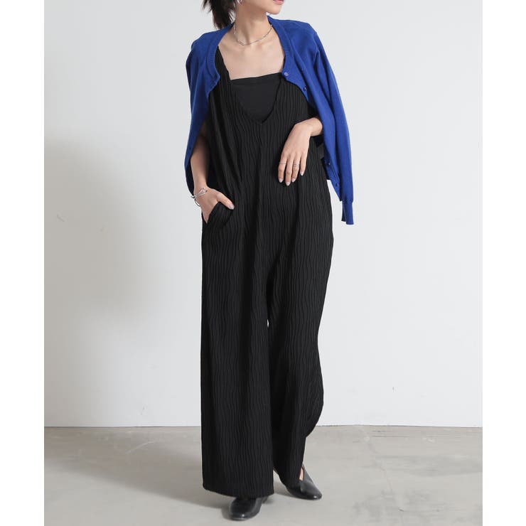 ブラック | リップルストライプVネックオールインワン オールインワン レディース | and it 