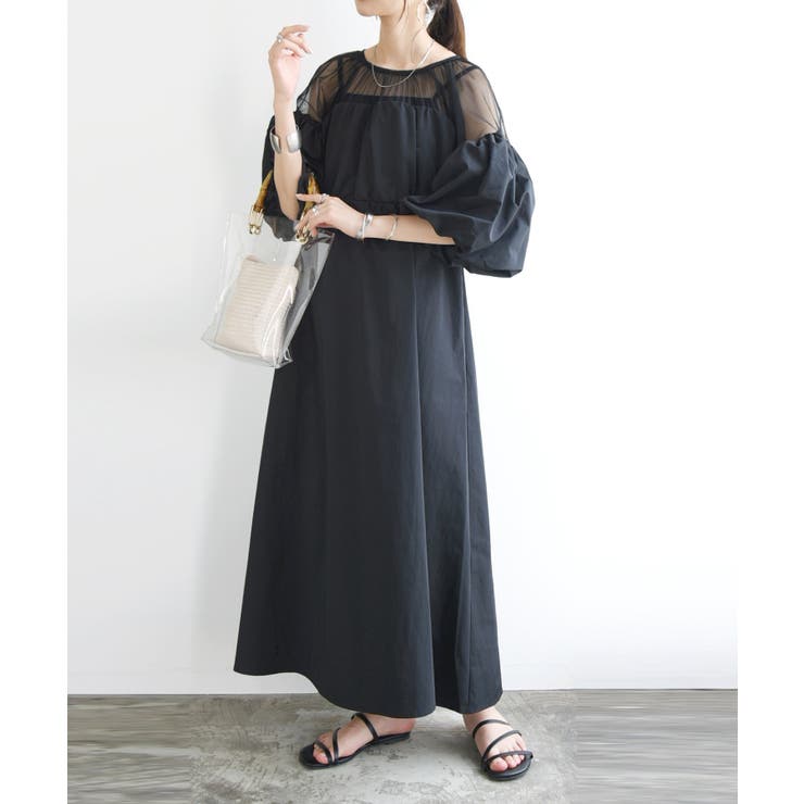 69-ブラック | タフタ×チュールドッキングワンピース ワンピース レディース | and it 