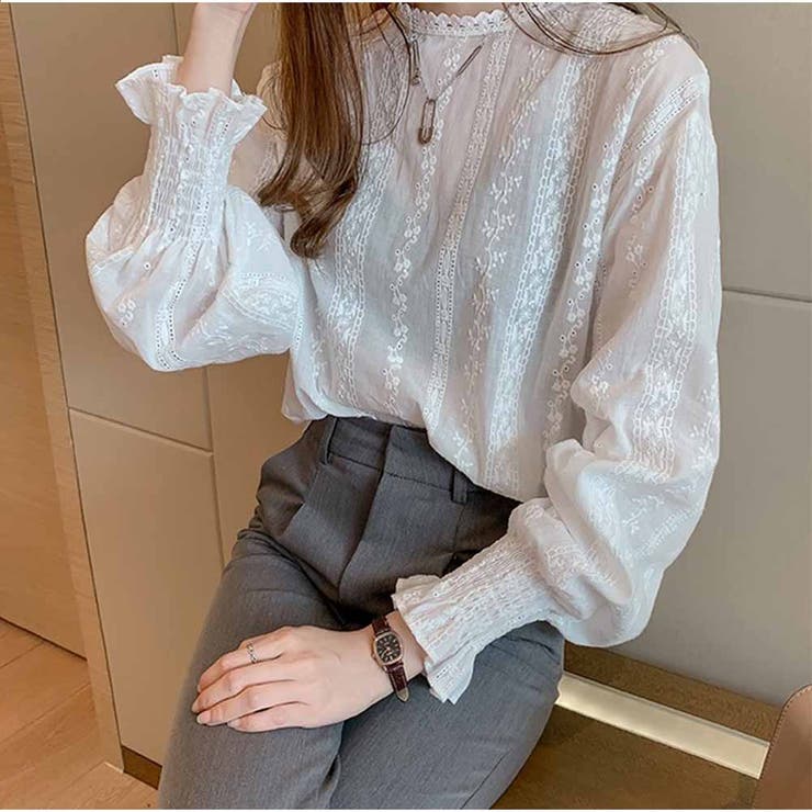 ホワイト | 総レース ボリュームスリーブトップス 長袖 | And Kawaii