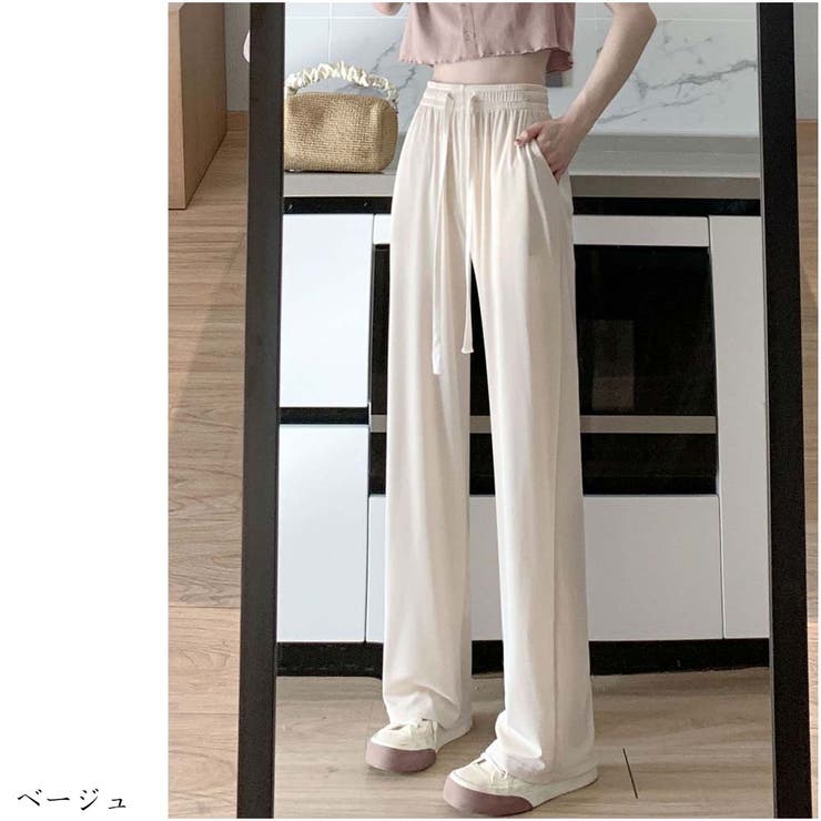 ベージュ | ワイドパンツ ゆったり 薄手パンツ ウエストゴム 夏服 サイドポケット | And Kawaii