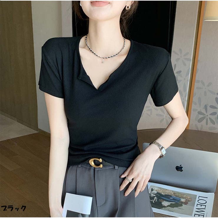 ブラック | Tシャツ きれいめ 半袖 トップス カジュアル 韓国 | And Kawaii