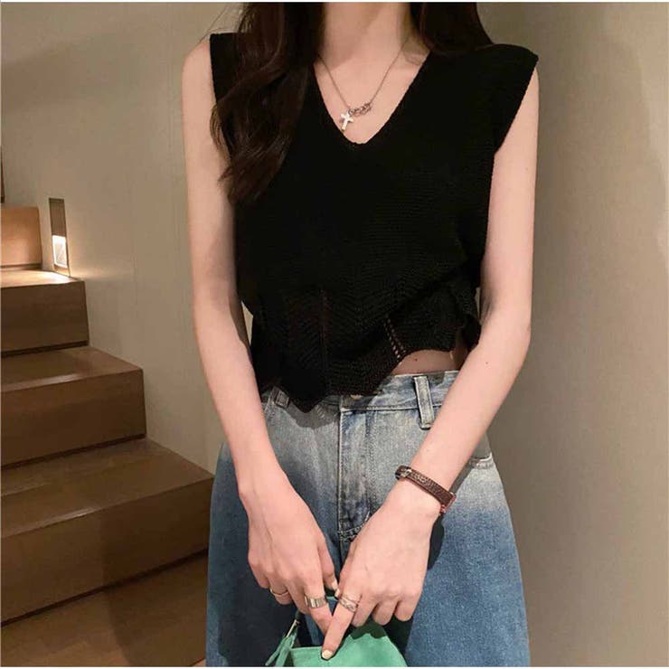 ノースリーブ Vネック ニットトップス セクシー 夏 韓国ファッション