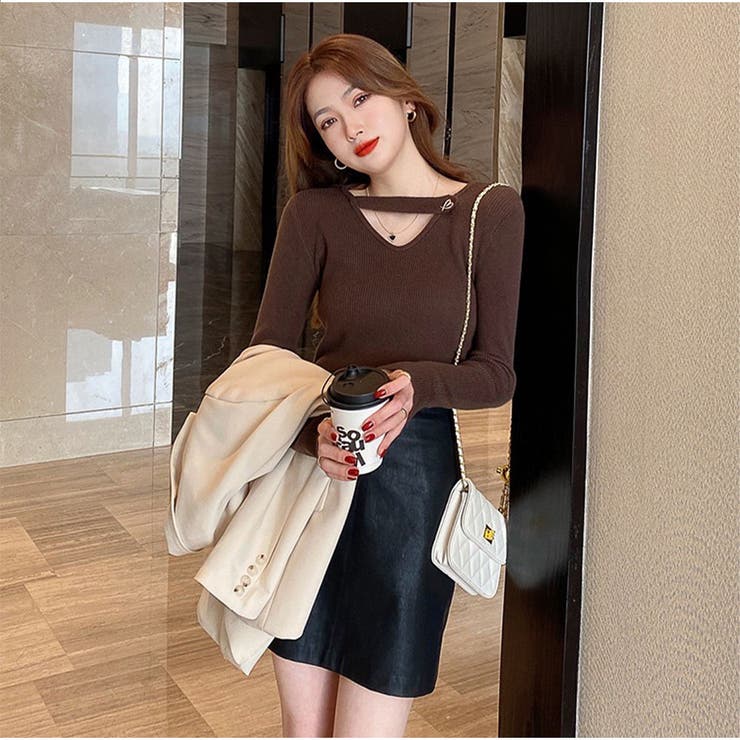 リブニット 春秋 フロントオープン Vネック 長袖ニットソー ベーシック | And Kawaii | 詳細画像6 