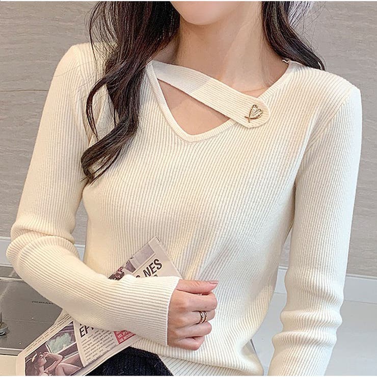 リブニット 春秋 フロントオープン Vネック 長袖ニットソー ベーシック | And Kawaii | 詳細画像9 