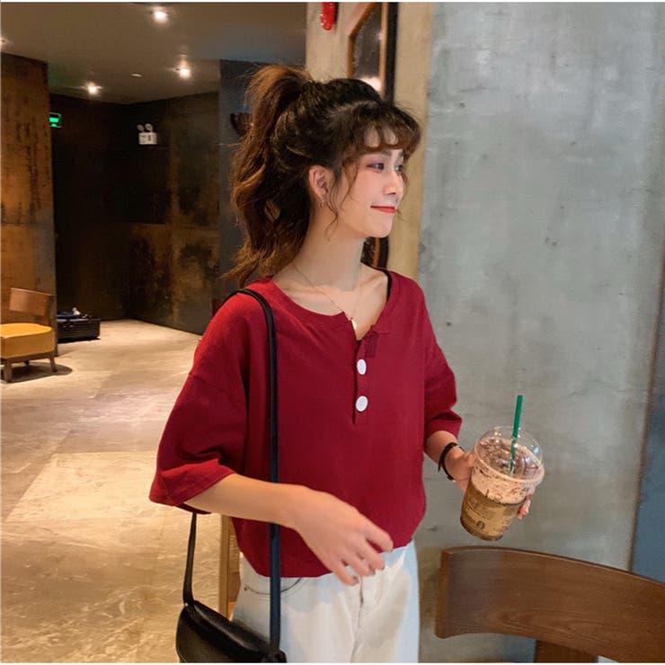 Tシャツ レディース トップス 半袖 ボタン付 無地 可愛い[品番