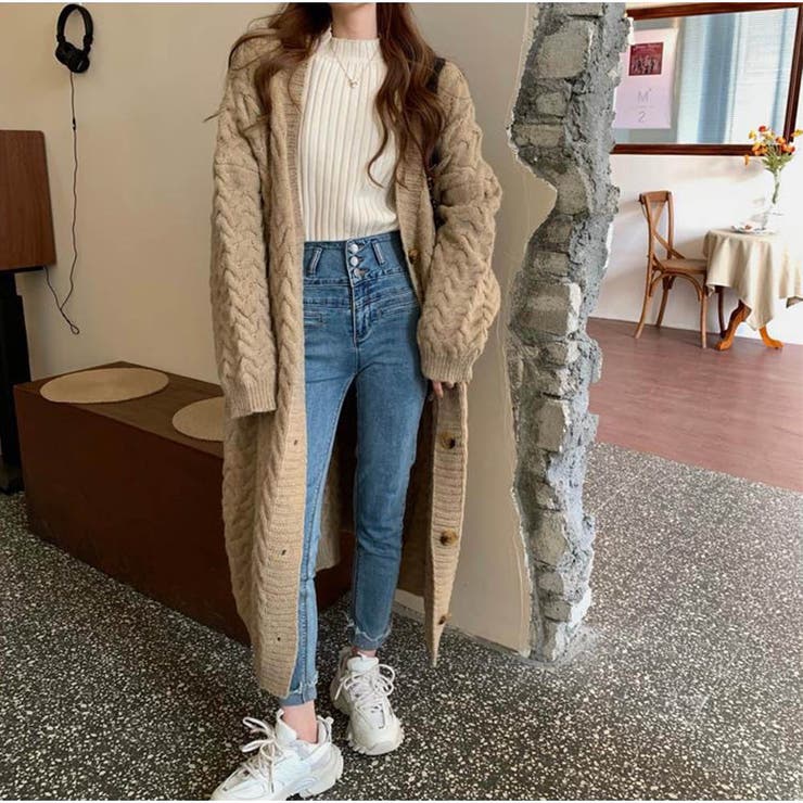 ニットカーディガン 秋服 ロングカーディガン ケーブル編み