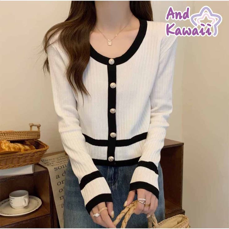 長袖セーター Uネック ショート丈 配色 パールボタン 韓国ファッション | And Kawaii | 詳細画像1 