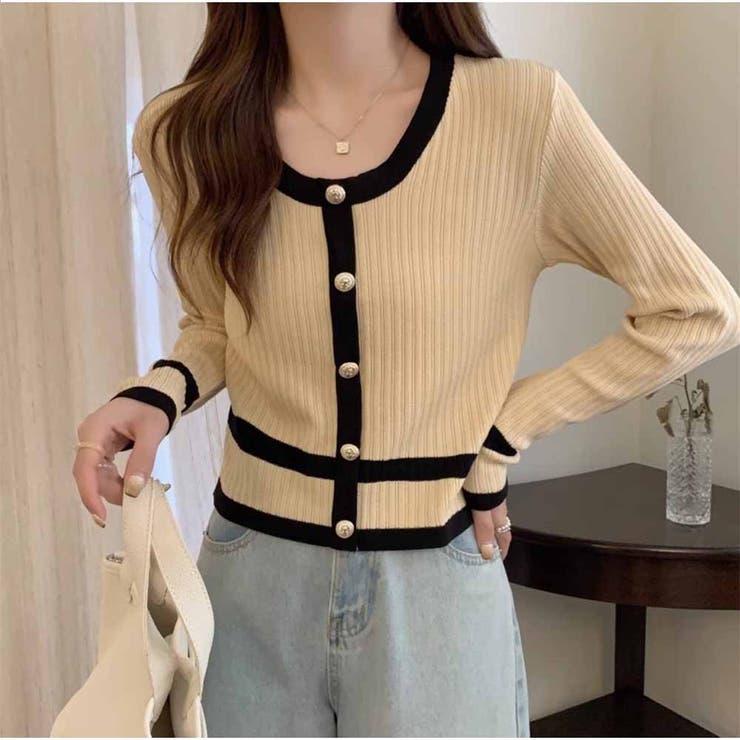 長袖セーター Uネック ショート丈 配色 パールボタン 韓国ファッション | And Kawaii | 詳細画像5 