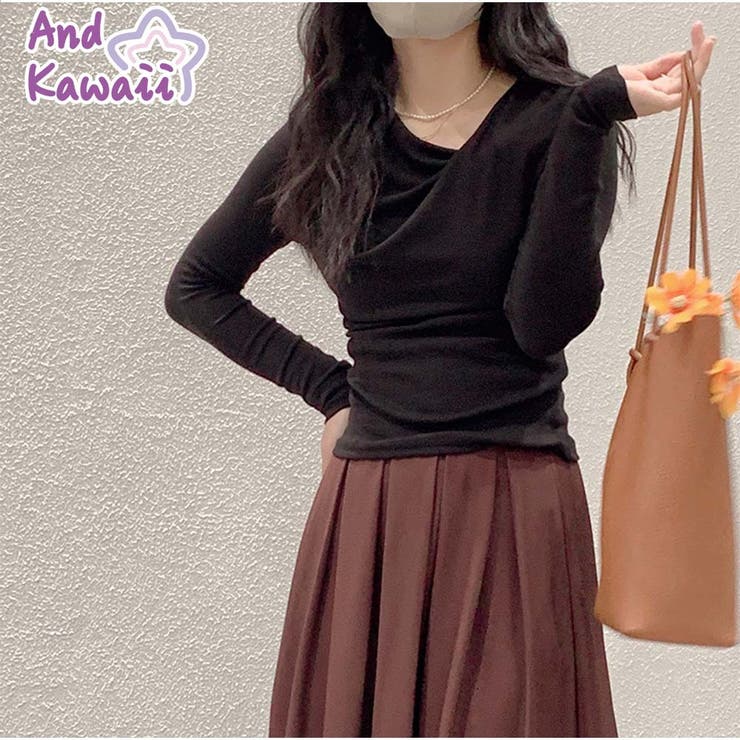 Tシャツトップス 春新作 斜め襟 無地長袖インナー 韓国ファッション | And Kawaii | 詳細画像1 