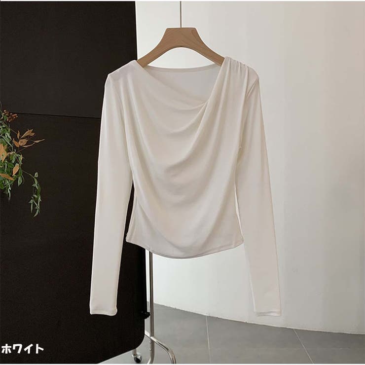 ホワイト | Tシャツトップス 春新作 斜め襟 無地長袖インナー 韓国ファッション | And Kawaii