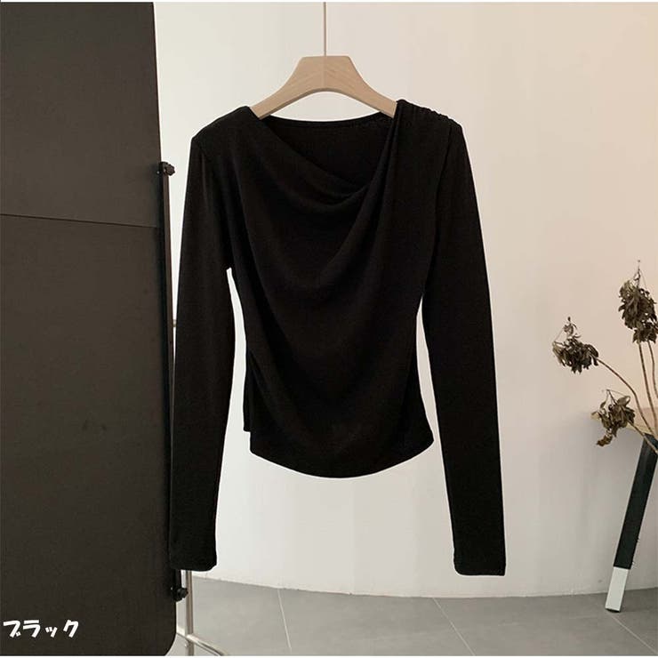 ブラック | Tシャツトップス 春新作 斜め襟 無地長袖インナー 韓国ファッション | And Kawaii