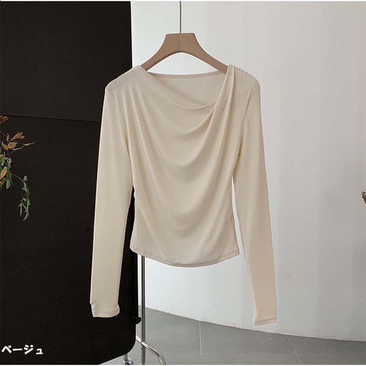 ベージュ | Tシャツトップス 春新作 斜め襟 無地長袖インナー 韓国ファッション | And Kawaii