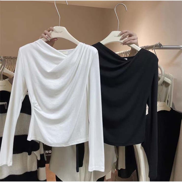 Tシャツトップス 春新作 斜め襟 無地長袖インナー 韓国ファッション | And Kawaii | 詳細画像2 