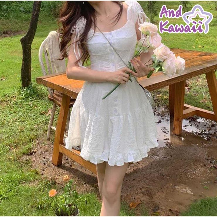 ミニワンピースドレス クエアネック 半袖[品番：AKIW0004514]｜And