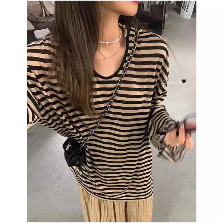 ボーダー | ボーダーTシャツ 長袖Tシャツ ビッグシルエット ゆったり カジュアル 韓国風 | And Kawaii