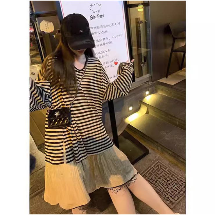 ボーダーTシャツ 長袖Tシャツ ビッグシルエット ゆったり カジュアル 韓国風 | And Kawaii | 詳細画像4 