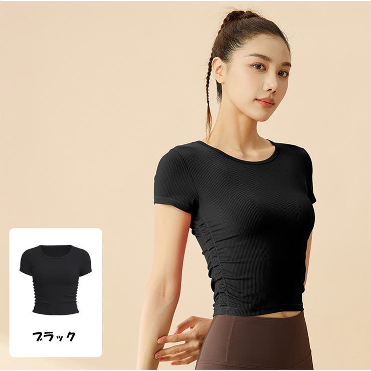 ブラック | ショート丈Tシャツ ヨガTシャツ 高弾力 | And Kawaii