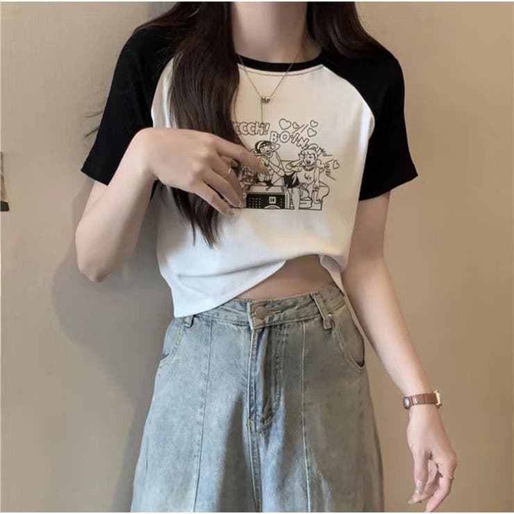 レトロ漫画プリント配色Tシャツ 半袖 カジュアル ショート丈  | And Kawaii | 詳細画像5 