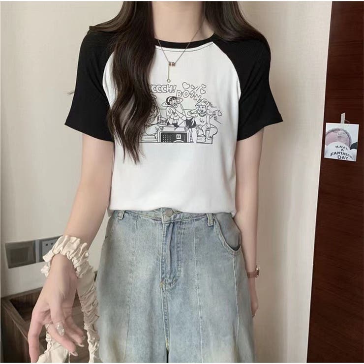 レトロ漫画プリント配色Tシャツ 半袖 カジュアル ショート丈  | And Kawaii | 詳細画像6 