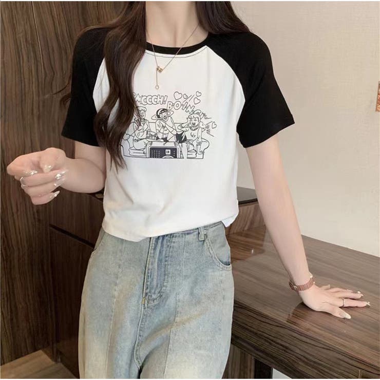 レトロ漫画プリント配色Tシャツ 半袖 カジュアル ショート丈  | And Kawaii | 詳細画像7 