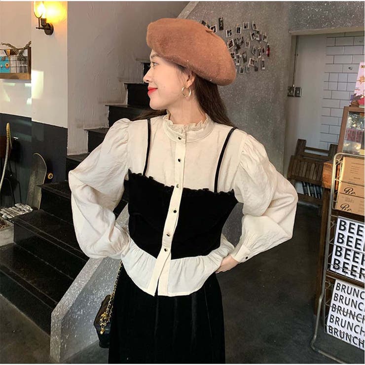 Tシャツ ブラウス ショート丈 重ね着風 韓国ファッション [品番