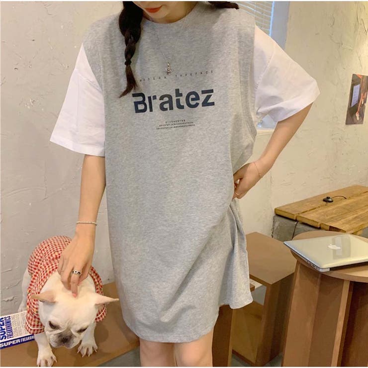 グレー | ワンピース 半袖 膝丈ワンピ レディース 重ね風 夏服 | And Kawaii