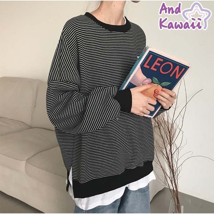 長袖カジュアルパーカー 重ね風 ボーダー柄 | And Kawaii | 詳細画像1 