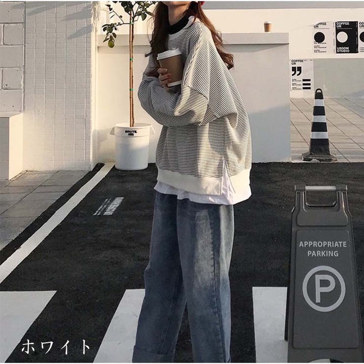 ホワイト | 長袖カジュアルパーカー 重ね風 ボーダー柄 | And Kawaii