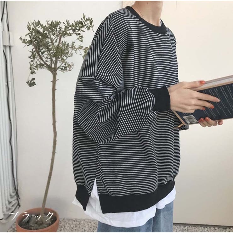 ブラック | 長袖カジュアルパーカー 重ね風 ボーダー柄 | And Kawaii