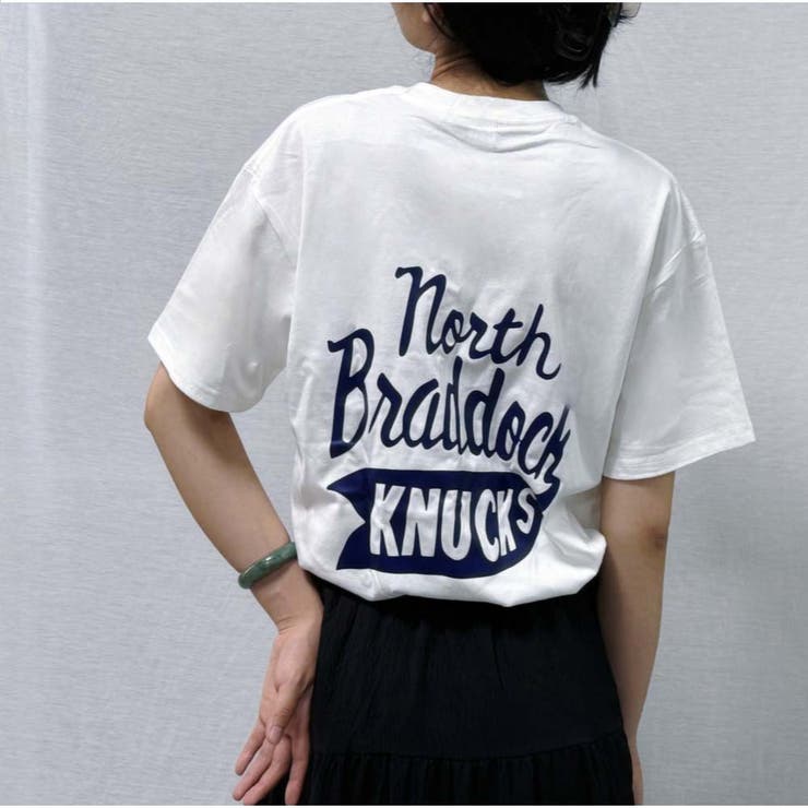 半袖Tシャツ クルーネック 前後ロゴプリント ゆったりトップス