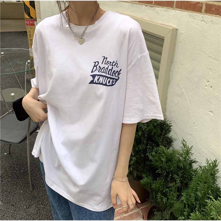 半袖Tシャツ クルーネック 前後ロゴプリント ゆったりトップス