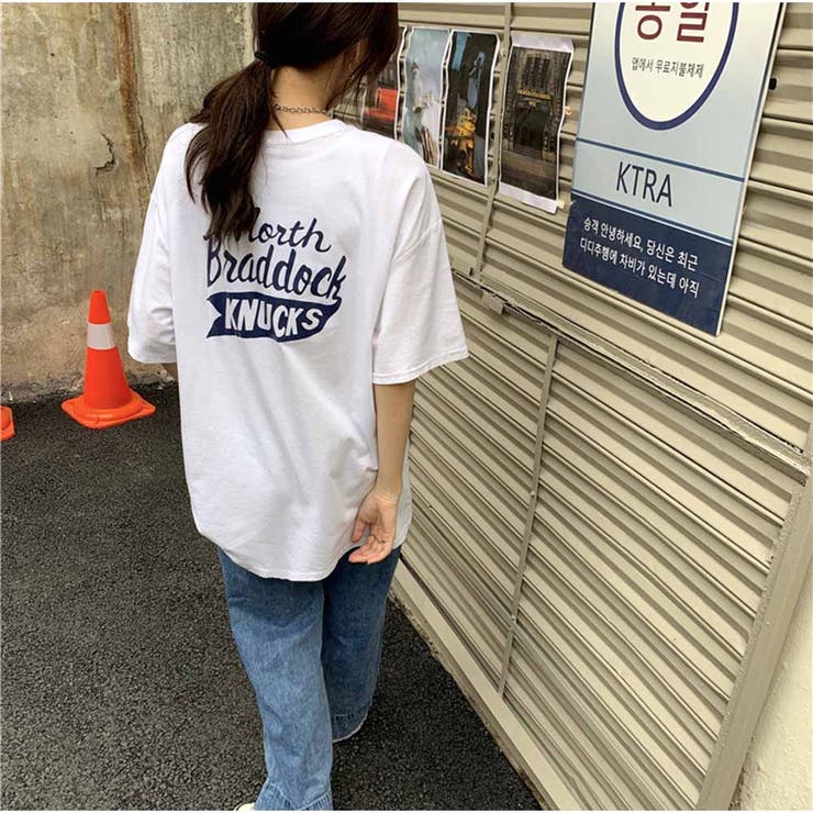 半袖Tシャツ クルーネック 前後ロゴプリント ゆったりトップス | And Kawaii | 詳細画像5 
