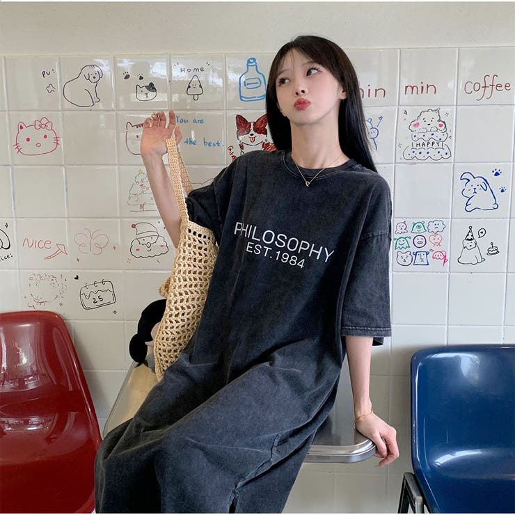 ワンピース ミディアム丈 ロゴTシャツワンピース 半袖 韓国