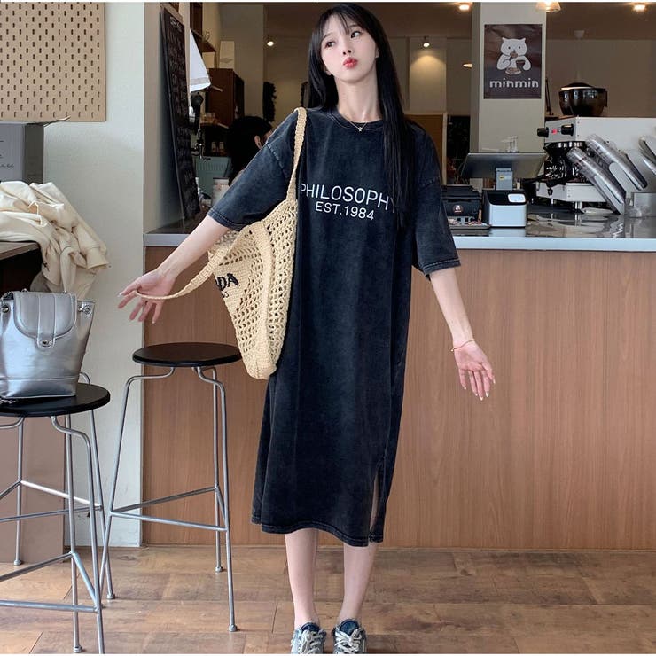 ワンピース ミディアム丈 ロゴTシャツワンピース 半袖 韓国
