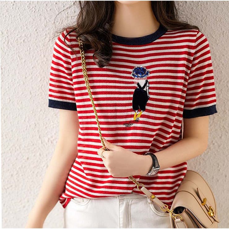半袖ボーダーニット Tシャツ トップス カットソー 切り替え