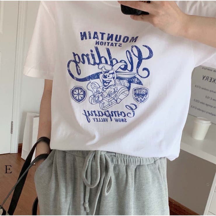 E | Tシャツ ロゴプリント 体型カバー | And Kawaii