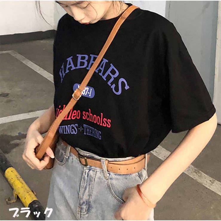ブラック | 半袖Tシャツ レディース ゆったり韓国 ロゴプリント | And Kawaii
