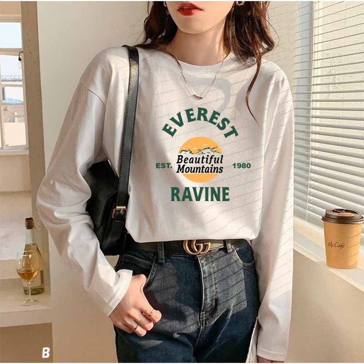B | 長袖Tシャツ レディース ゆったり韓国 ロゴプリント | And Kawaii