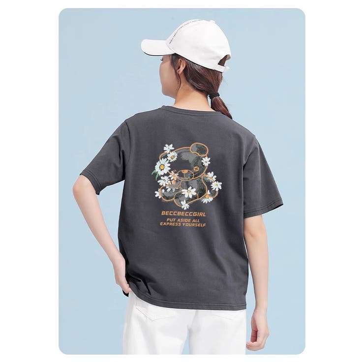 ダークグレー | Tシャツ 半袖 クルーネック 前後ロゴプリント ゆったりトップス 韓国風 | And Kawaii