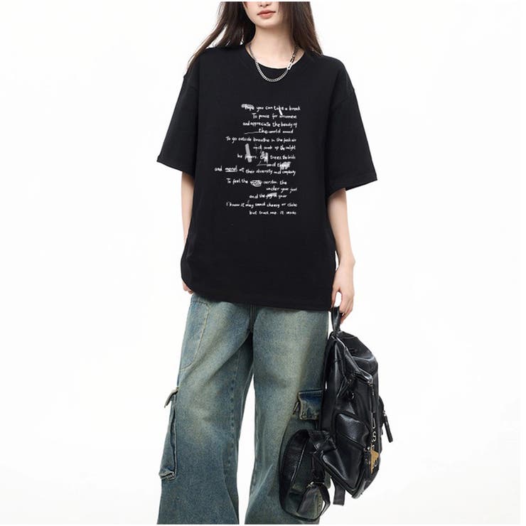 オーバーサイズ半袖Tシャツ 英字プリント 韓国風[品番