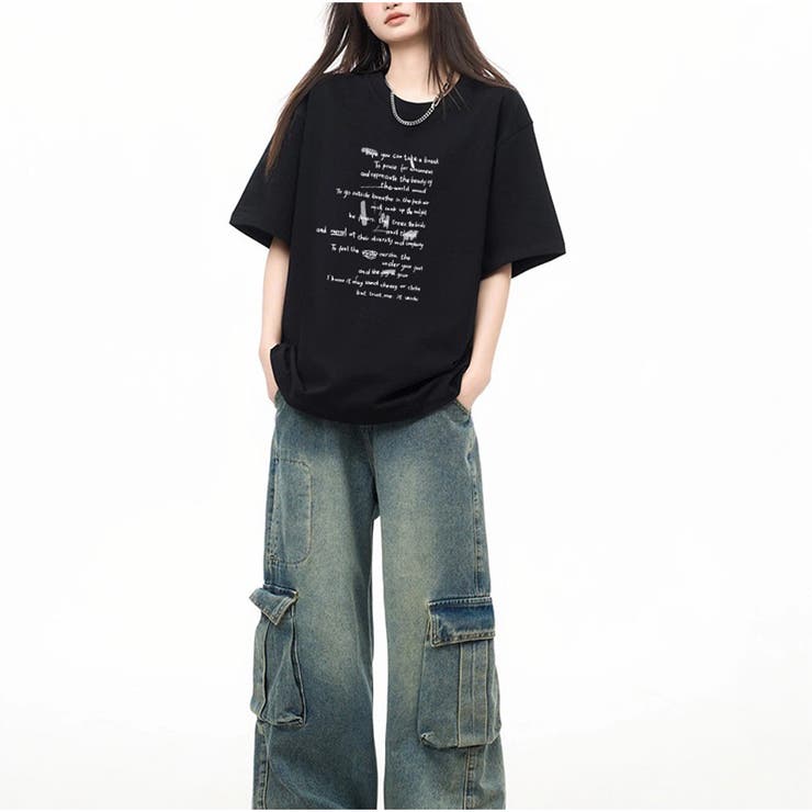 オーバーサイズ半袖Tシャツ 英字プリント 韓国風[品番