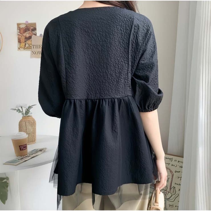 韓国ファッションチュールドッキング五分袖キーネックペプラムブラウス 切替BIGブ… | And Kawaii | 詳細画像8 