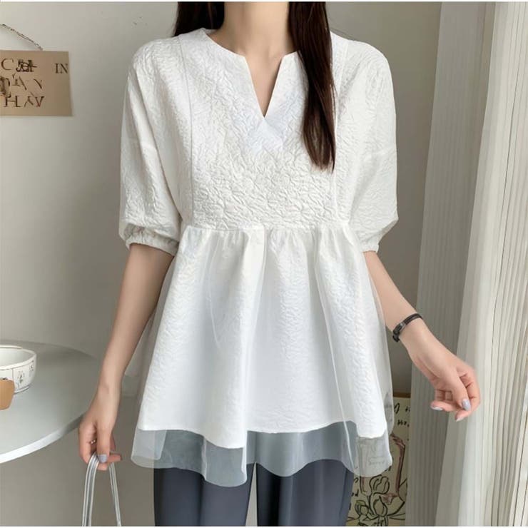 韓国ファッションチュールドッキング五分袖キーネックペプラムブラウス 切替BIGブ… | And Kawaii | 詳細画像10 